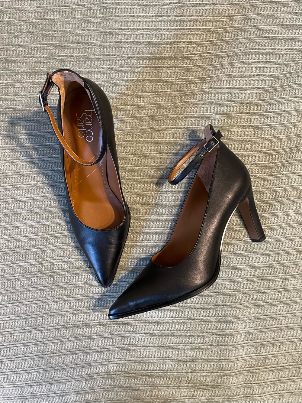 Franco Sarto Black Pointed Ankle-Strap Pumps